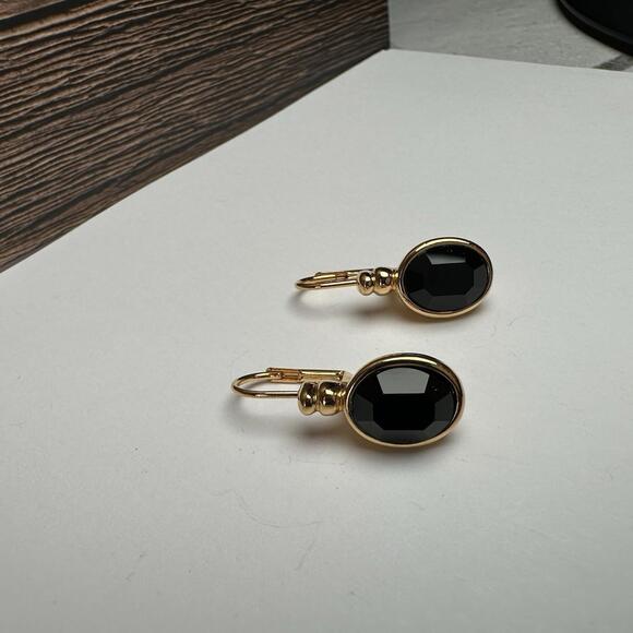 Napier Oval Black Rhinestone Gold Tone Leverback Pierced Earrings - Picture 9 of 9